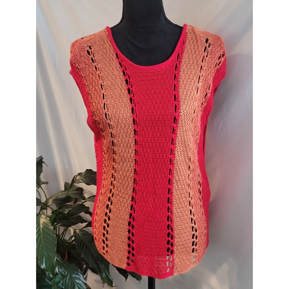 Zara‎ Red Coral Colorblock Open Knit Crochet Top Deep V-Back Sleeveless Medium